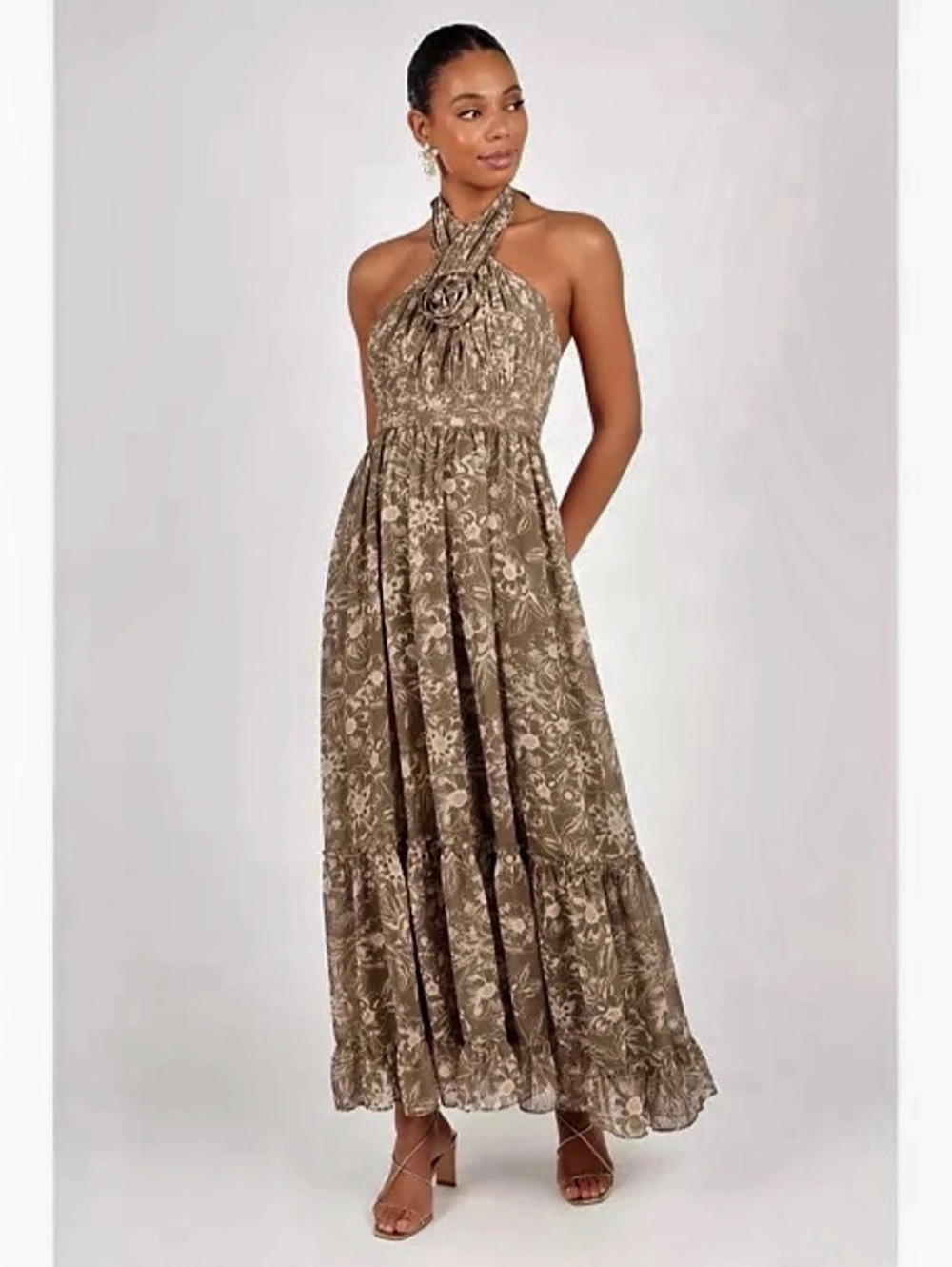 Petal & Pup Lennon Floral Halter Maxi Dress Gown in Olive Floral